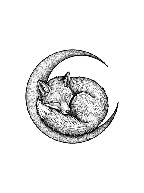 Black and grey dotwork fox and moon tattoo design