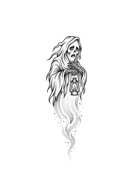 Black and grey dotwork ghost and grim reaper tattoo design