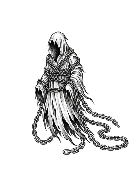 Black and grey dotwork ghost and skeleton tattoo design