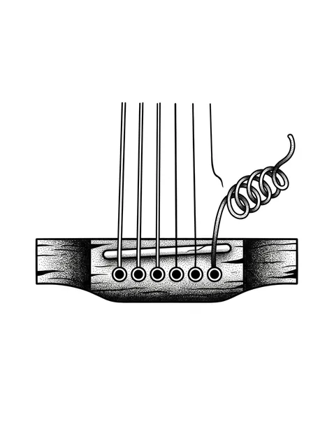 Black and white dotwork guitar tattoo design: the bridge of an acoustic guitar with six strings