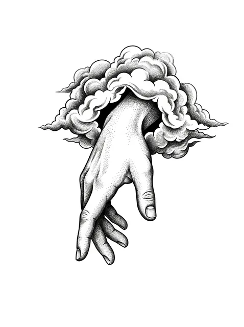 Black and grey dotwork cloud and hand tattoo design: a hand emerging from a swirling cloud formation