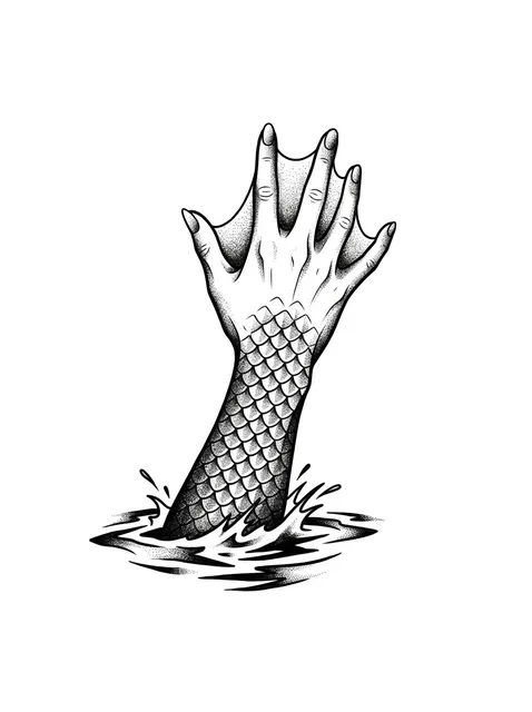 Black and grey dotwork hand and mermaid tattoo design