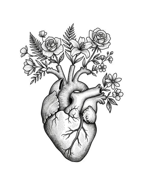 Black and grey dotwork rose and heart tattoo design