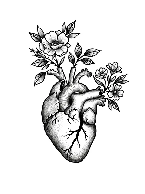 Black and grey dotwork heart and flower tattoo design