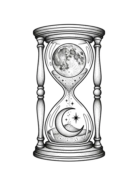 Black and grey dotwork hourglass and moon tattoo design