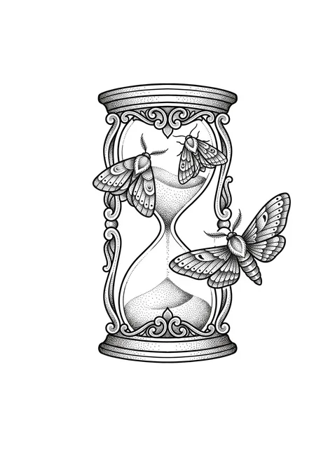 Black and grey dotwork moth and hourglass tattoo design
