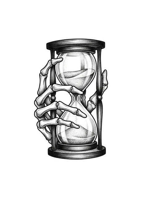 Black and grey dotwork skeleton and hourglass tattoo design: a skeleton hand gripping an hourglass