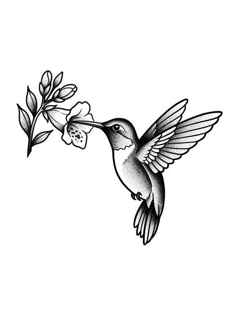 Black and grey dotwork hummingbird and flower tattoo design