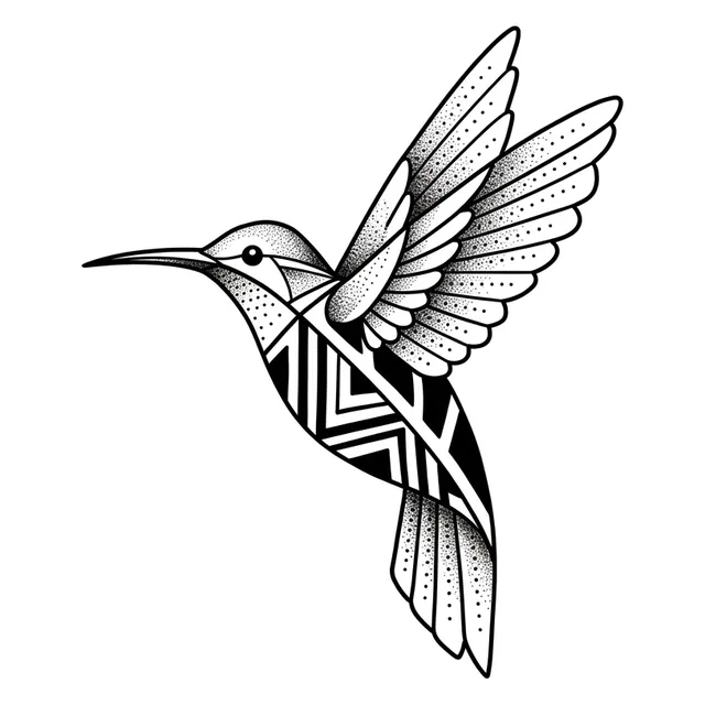 dotwork Hummingbird tattoo design, black and grey