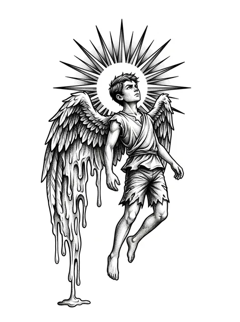 Black and grey dotwork icarus and angel wings tattoo design