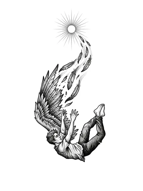 Black and grey dotwork icarus and angel wings tattoo design: the myth of Icarus