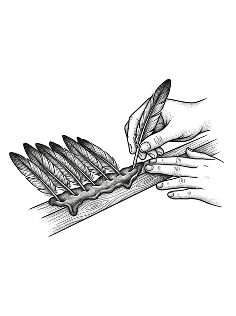 Black and grey dotwork icarus and feather tattoo design: a flowing, textured substance