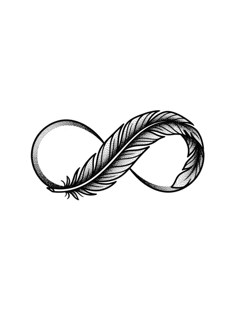 Black and grey dotwork feather and infinity tattoo design