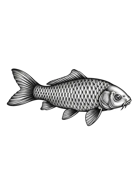 Black and grey dotwork fish and koi tattoo design: a koi fish