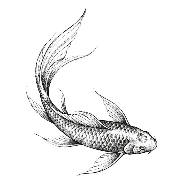 Black and grey dotwork fish and koi tattoo design: its tail elegantly curved