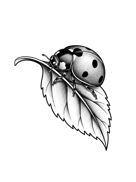 Black and grey dotwork ladybug and leaf tattoo design