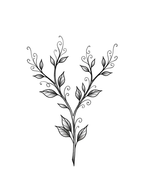 Black and grey dotwork vine and leaf tattoo design