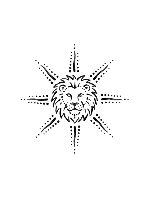 Tattoo-Vorlage mit einem Löwen und dem Sternzeichen Löwe, Stil: Dotwork, in Schwarz-Grau