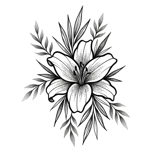 Black and white dotwork lily and leaf tattoo design: a prominent lily flower at its center