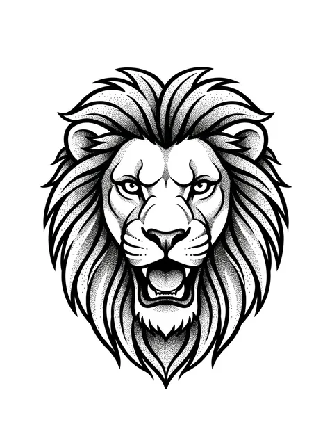 Black and grey dotwork lion tattoo design: a roaring lion's head