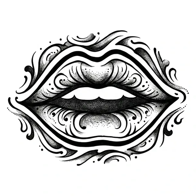 dotwork lips tattoo design, black and grey