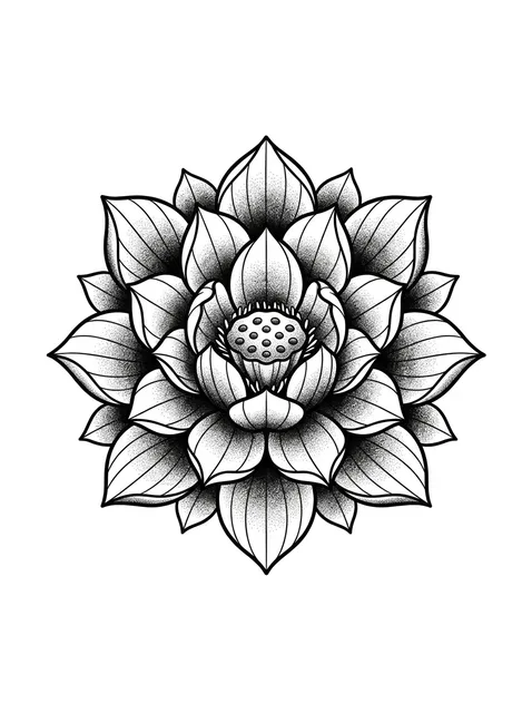 Black and grey dotwork flower and lotus tattoo design