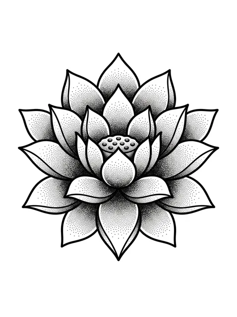 Black and grey dotwork flower and lotus tattoo design: a detailed stamen at the center
