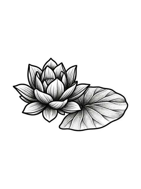 Black and grey dotwork lotus and leaf tattoo design: a prominent leaf