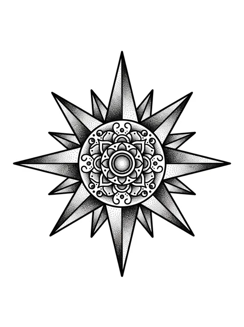 Black and grey dotwork mandala and star tattoo design