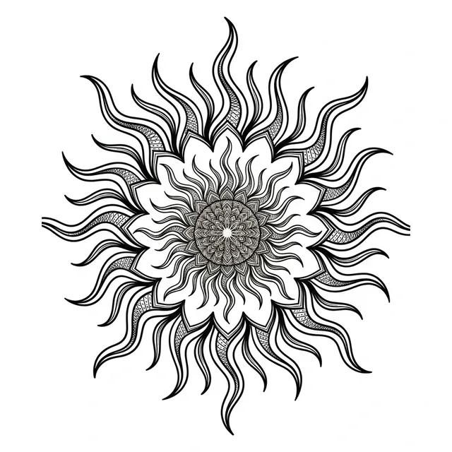 Black and grey dotwork mandala and sun tattoo design