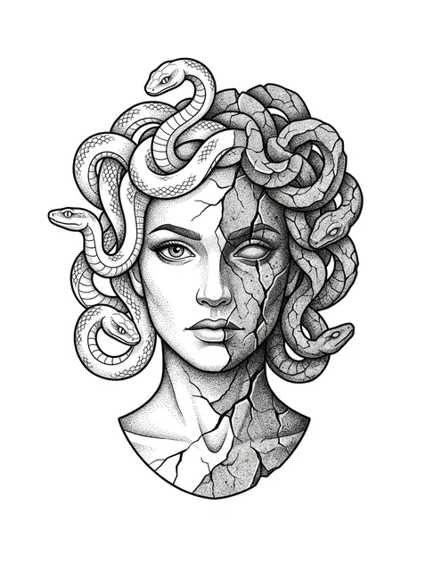 Black and grey dotwork medusa and snake tattoo design
