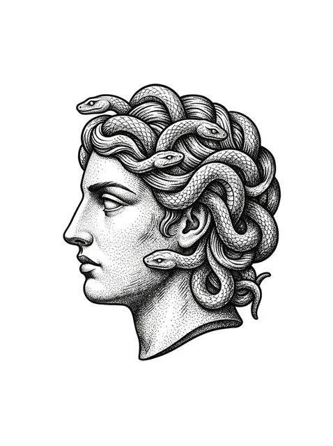 Black and grey dotwork medusa and snake tattoo design
