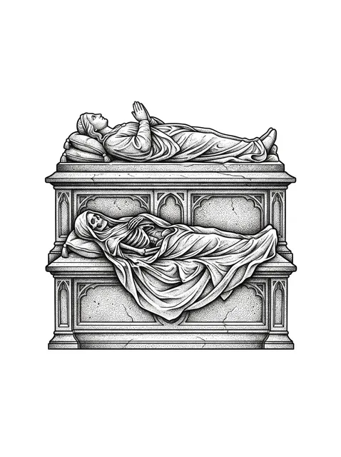 Black and grey dotwork memento mori and praying hands tattoo design