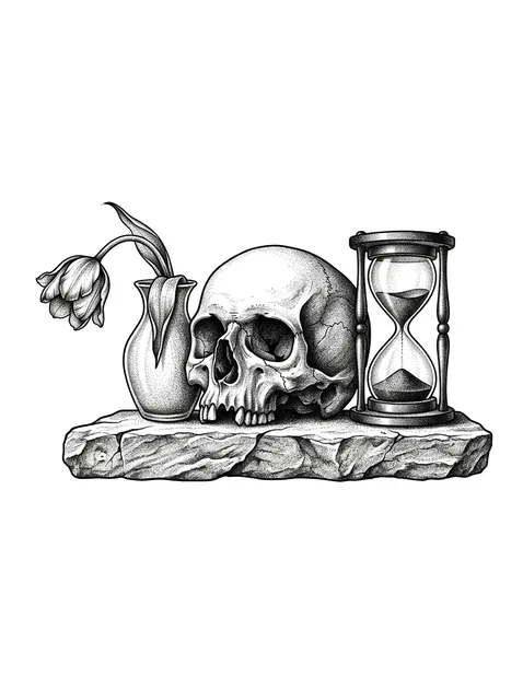 Black and grey dotwork memento mori and skull tattoo design
