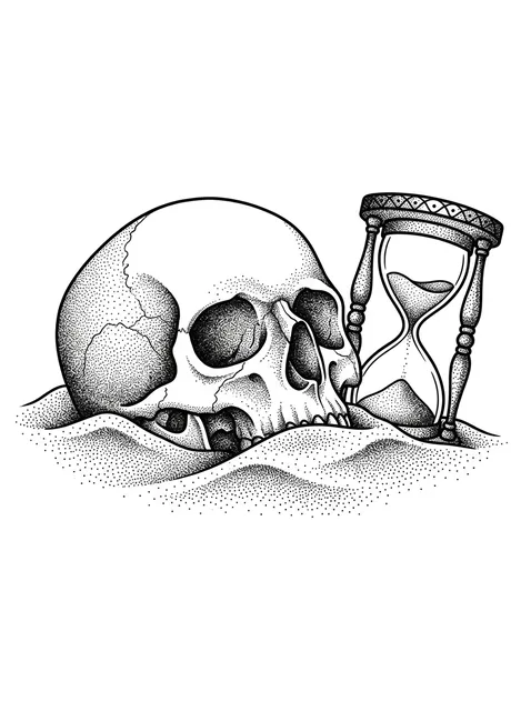 Black and grey dotwork memento mori and skull tattoo design