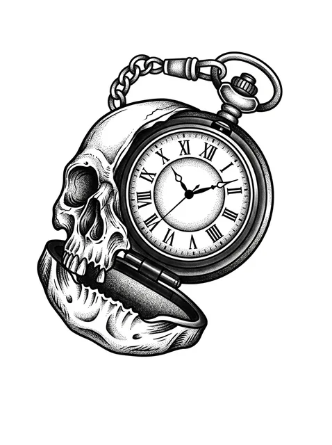 Black and grey dotwork memento mori and skull tattoo design: a skull integrated with a pocket watch