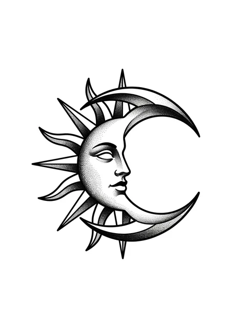Black and grey dotwork moon and sun tattoo design