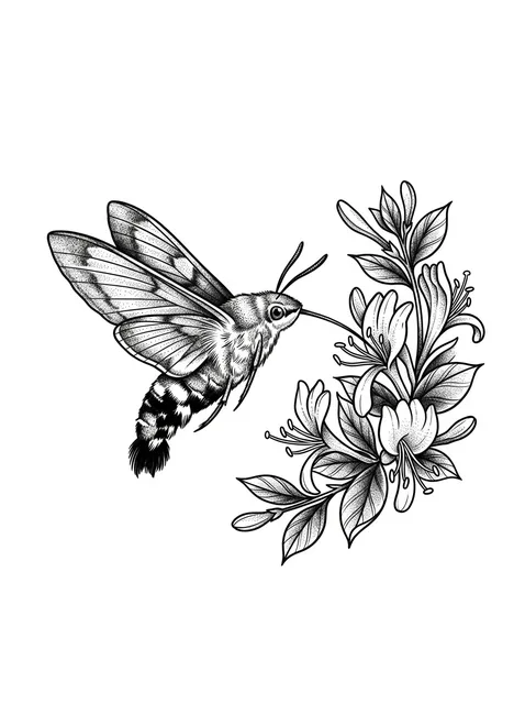 Black and grey dotwork moth and flower tattoo design
