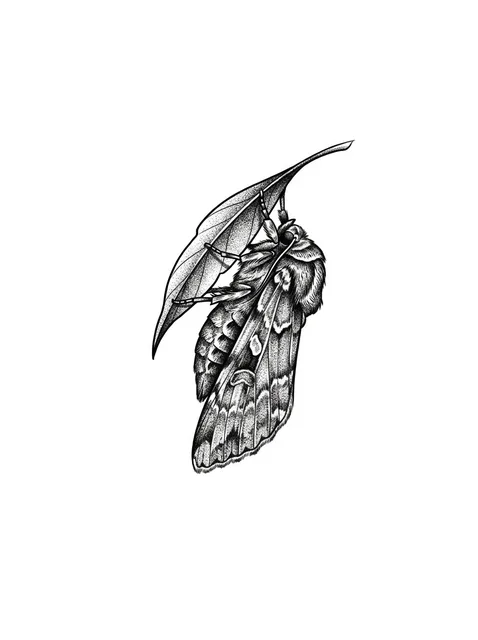 Black and grey dotwork moth and leaf tattoo design: a moth clinging to a leaf