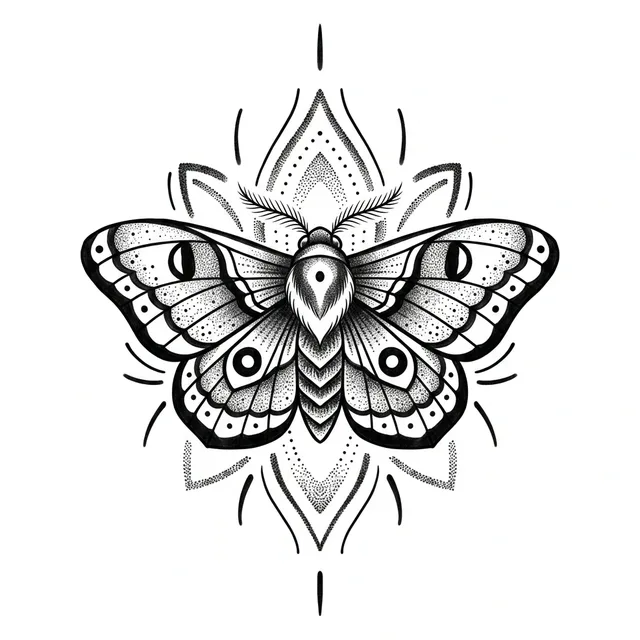 Black and grey dotwork moth and mandala tattoo design