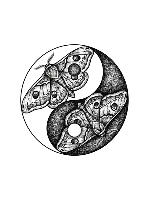 Black and grey dotwork moth and yin yang tattoo design