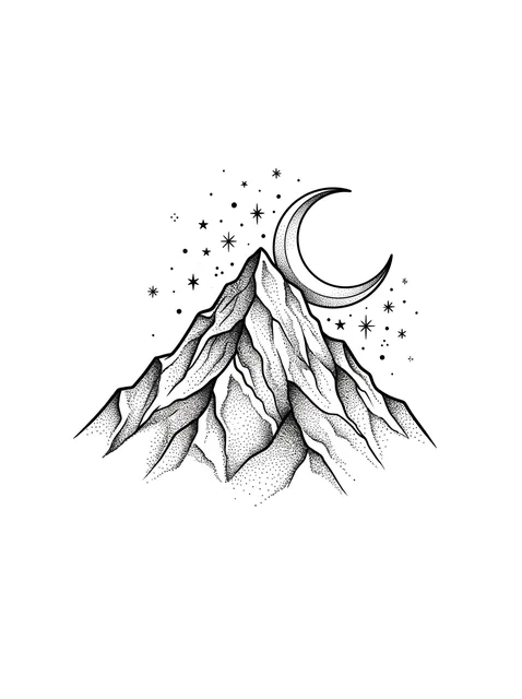 Black and grey dotwork mountain and moon tattoo design: a crescent moon and scattered stars above