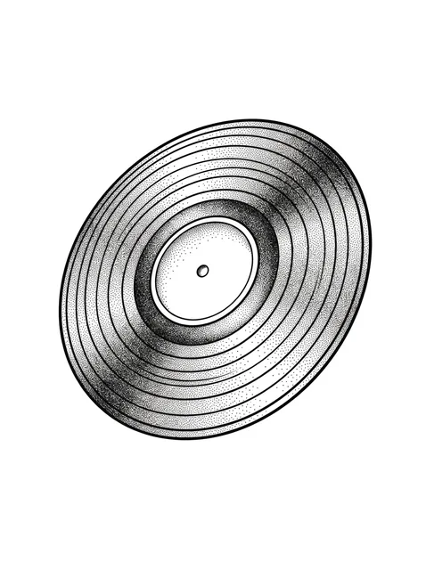 Black and grey dotwork music note tattoo design: a stylized vinyl record