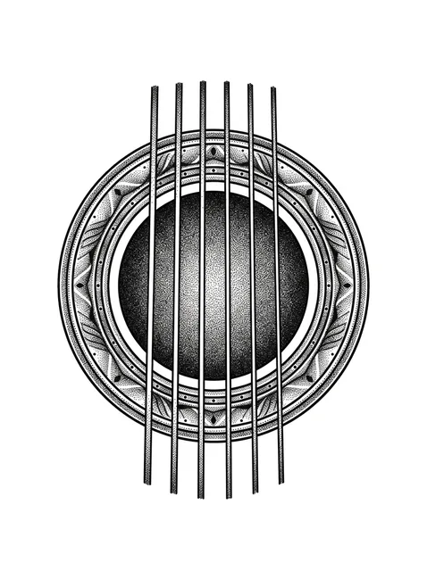 Black and grey dotwork music note tattoo design: the soundhole of an acoustic guitar with strings