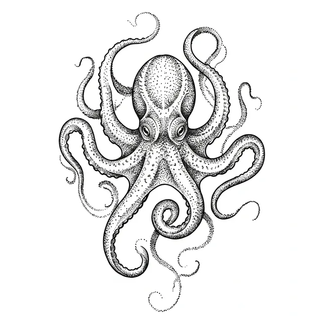 Black and grey dotwork octopus tattoo design: its tentacles swirling outwards, some ending