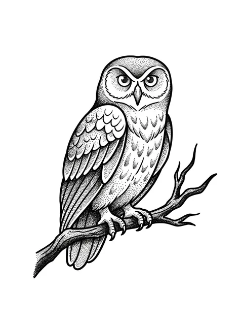 Black and grey dotwork owl tattoo design: a wise owl perched on a branch