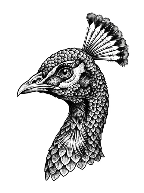 Black and grey dotwork peacock and bird tattoo design: the head and neck of a peacock