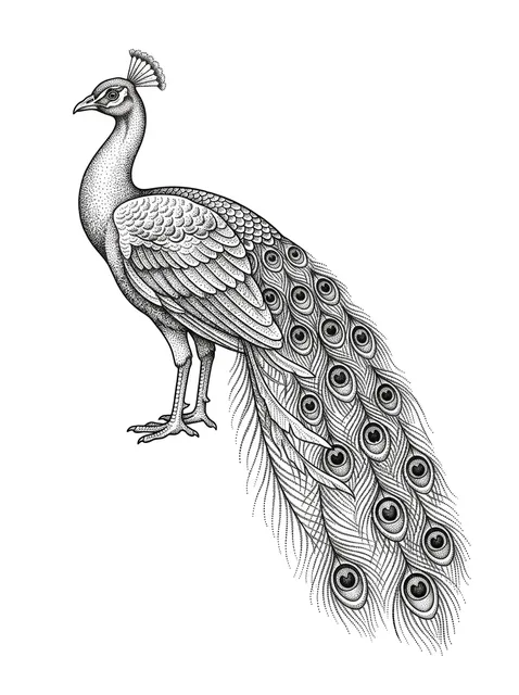Black and grey dotwork peacock and bird tattoo design