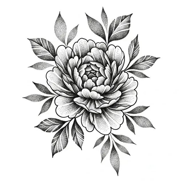 Black and grey dotwork peony and leaf tattoo design: a soft, textured appearance