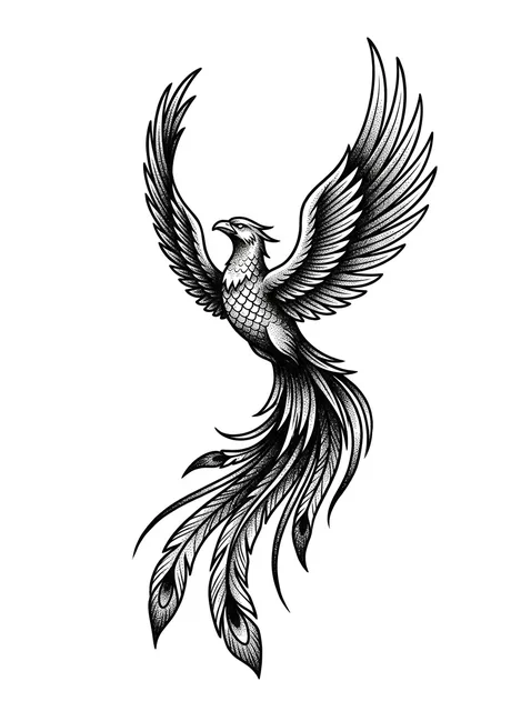 Black and grey dotwork phoenix tattoo design: its wings spread wide in flight